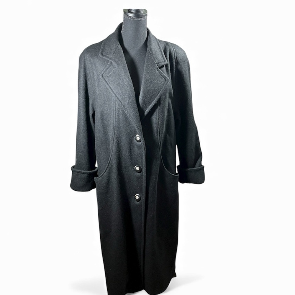 VTG JOFELD BY FORSTMANN WOOL BLEND WOMEN LONG COAT 80-90s CLASSIC SZ 12 BLACK